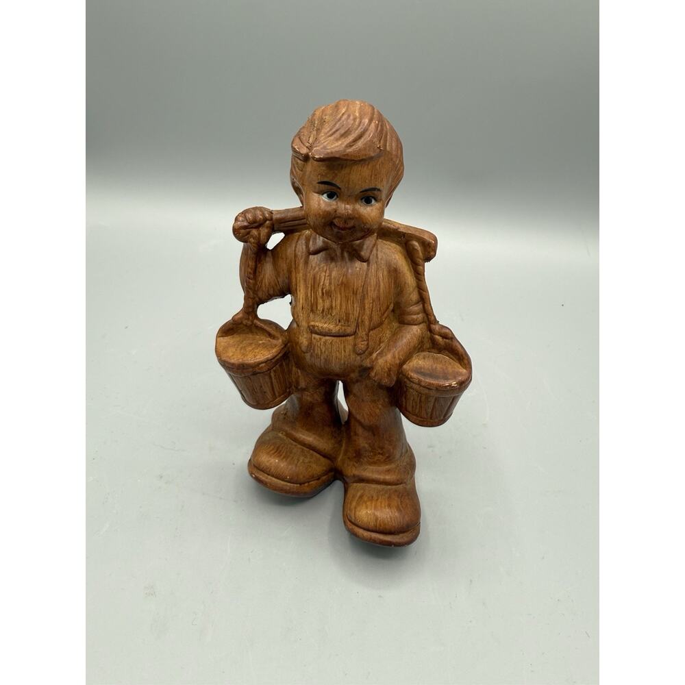 “Vintage Faux Wood Plastic Figurine 7” Boy w/ Buckets Made in Hong Kong